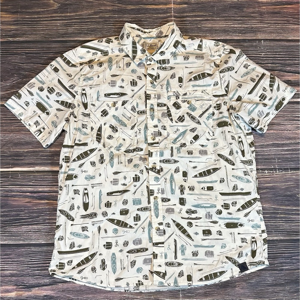 LL Bean Mens White Short Sleeve Kayak Canoe Fishing All Over Print Shirt Large